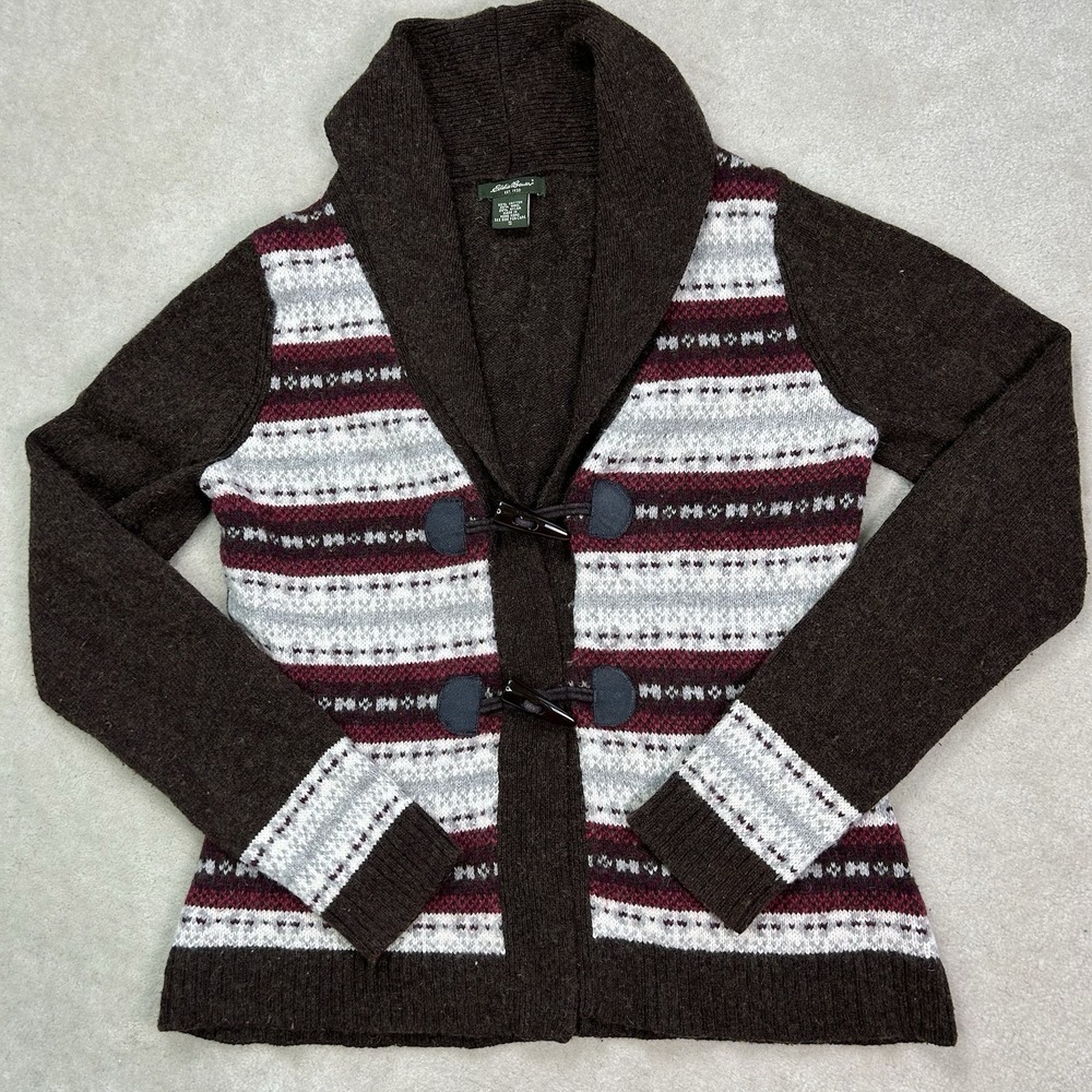 Vintage 90s Eddie Bauer Sweater Cardigan Small Horn Toggle Wool Fair Isle Shawl